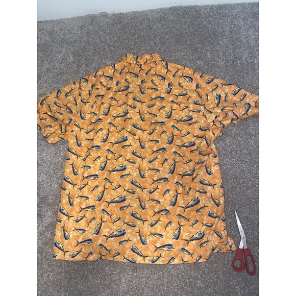 Columbia Fish All Over Print Button Up Shirt Viscose Blend Mens Size L Orange - Picture 7 of 7